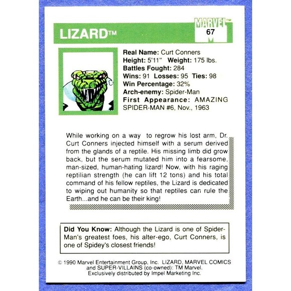 1990 Marvel Universe Card - #67 Lizard - Picture 2 of 2